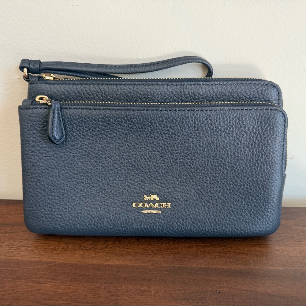 Coach Navy Leather Wristlet with Gold Accents